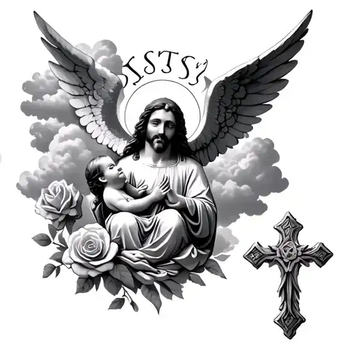 Jesus with little praying baby angel numeral numbers with clouds and rose and cros tattoo design idea