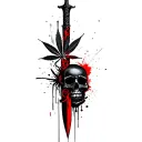 dagger pierces black skull,marijuana leaves intertwined tattoo design idea