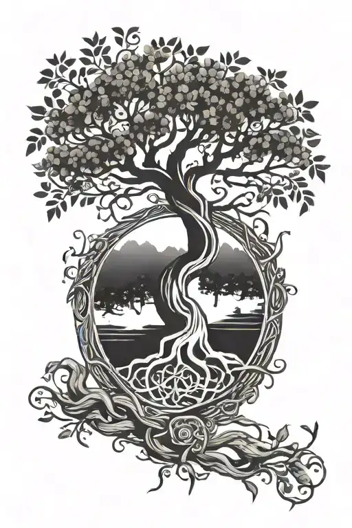 round wooden shield with tree of life knot and thick branches growing out of it reaching out  tattoo design idea