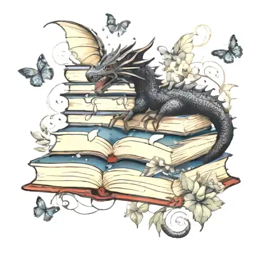 black dragon on stack of open books, wind and stars shooting upward, butterflies, flowers and leafy vines curling down tattoo design idea