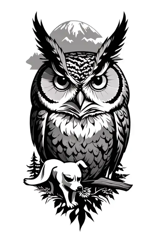 Owl, mountain, dog, trees tattoo design idea