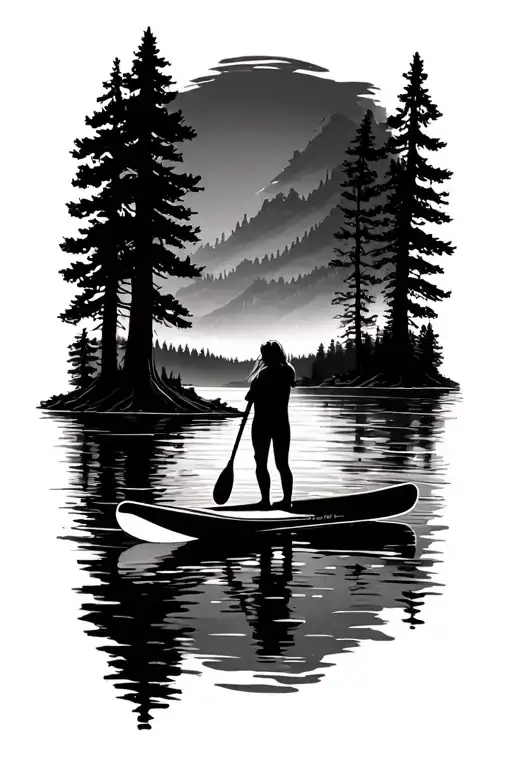 paddleboarding in a forrest lake tattoo design idea