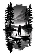 paddleboarding in a forrest lake tattoo design idea