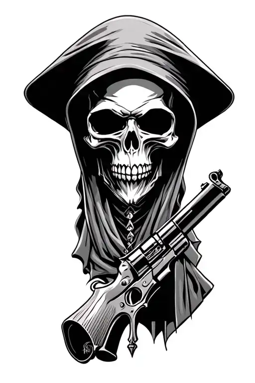 Grim reaper skull with gun intertwined tattoo design idea