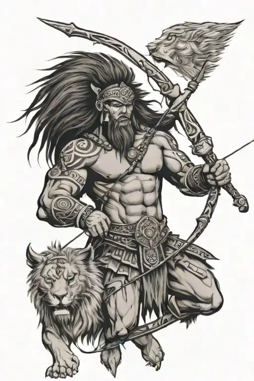 human tribal warrior with a lions pelt, bow and arrow, looking like a bad ass.  tattoo design idea