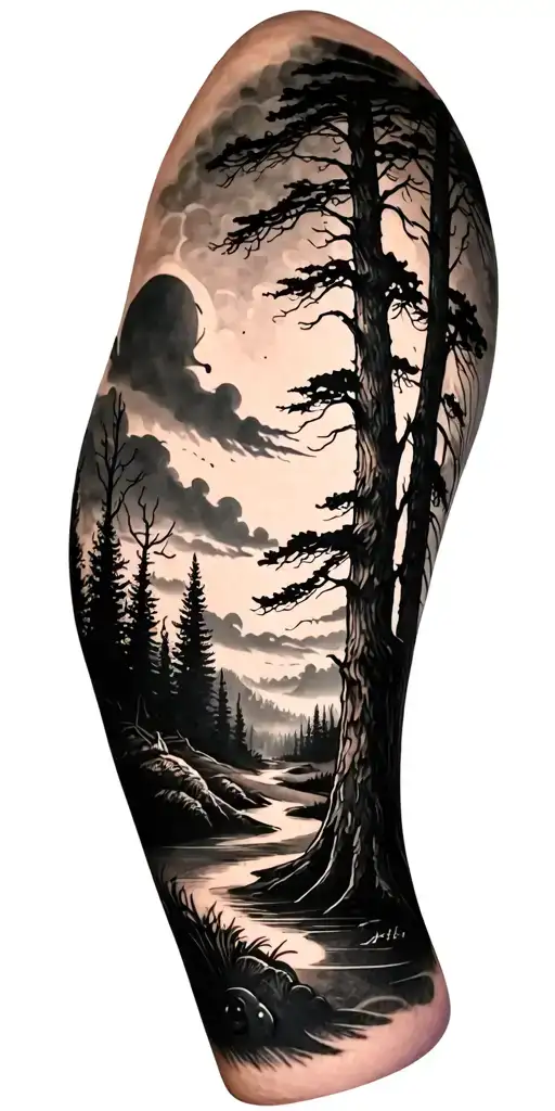 creepy forest scene with black sky golf course golf ball tattoo design idea