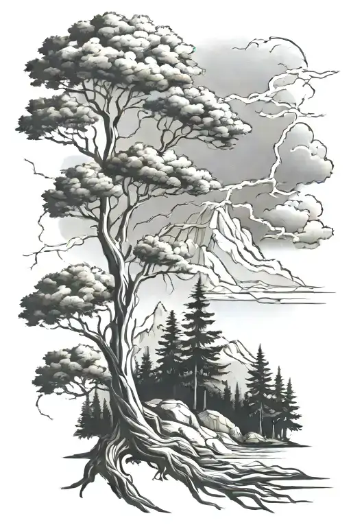 trees with a mountain and lightning storm tattoo design idea