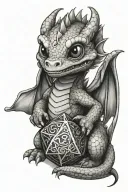 cute baby dragon hugging a d20 dice tattoo design idea