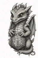 cute baby dragon hugging a d20 dice tattoo design idea