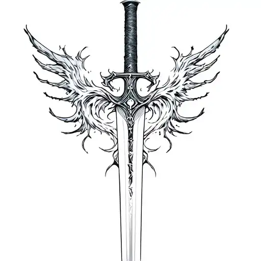 "Ferox et Fluens" cyber sigilism style tattoo long sword with energy tattoo design idea
