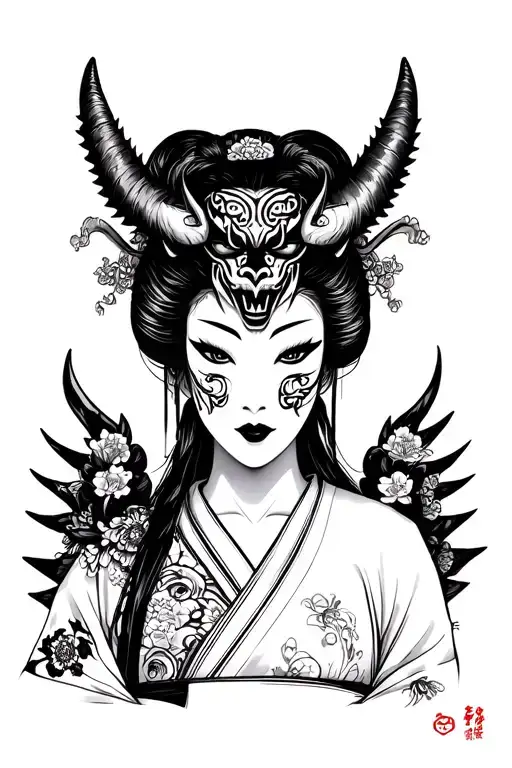 Japanese geisha portrait with oni demon mask holding tattoo design idea