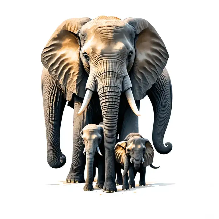 elephant family with 4 kids tattoo design idea