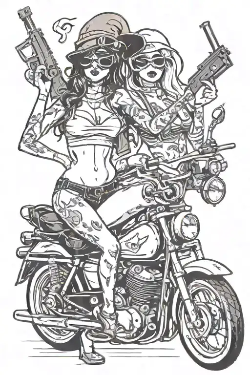 2 girls in bikini with ski mask and guns smoking weed on a motorbike  tattoo design idea