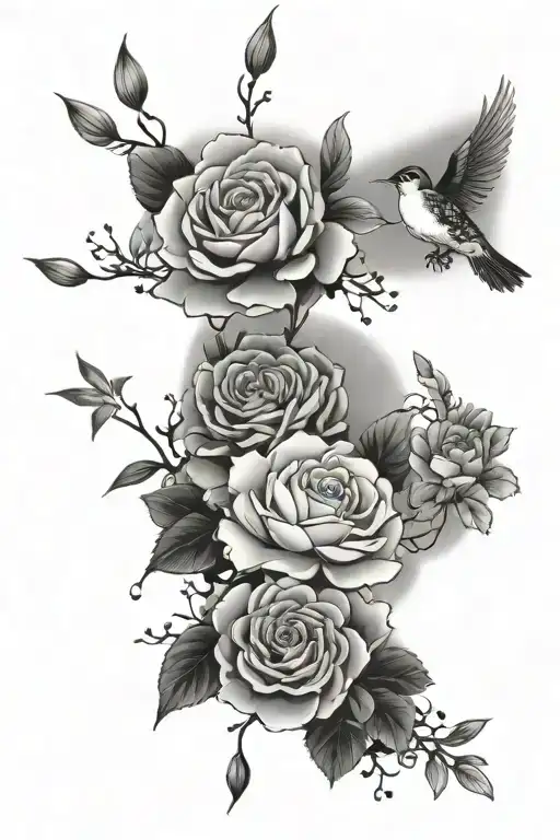 Japanese roses with pedals falling, birds flying, sun elements,  tattoo design idea