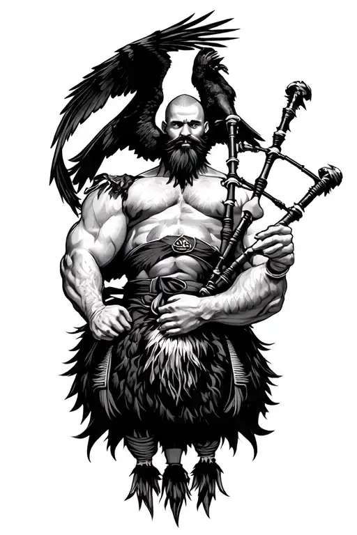 muscular bagpiper bald black beard black huge wings on his back playing the bagpipes flying crow with claws tattoo design idea