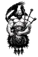 muscular bagpiper bald black beard black huge wings on his back playing the bagpipes flying crow with claws tattoo design idea