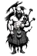 muscular bagpiper bald black beard black huge wings on his back playing the bagpipes flying crow with claws tattoo design idea