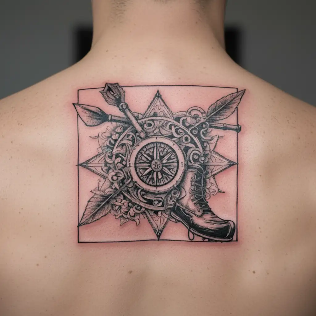 An intricate compass design with a hiking boot and kayak paddle incorporated, representing your love for exploring and outdoor activities tattoo design idea