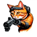 orange cat with gun morphing tattoo design idea
