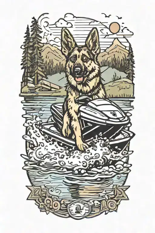 Camping lake mountains jet ski german shepherd tattoo design idea