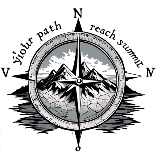 compass with map of mountain range with saying'find your path reach your summit' tattoo design idea