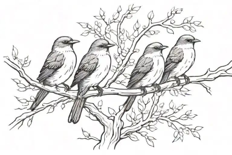 3 birds sitting on the branch snuggled up to one in the middle. all facing the same way. two on the end bigger tattoo design idea