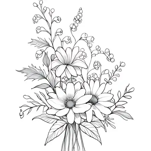 bouquet of birth flowers with lily of the valley, holly, daffodil, daisy, sweet pea, water lily tattoo design idea