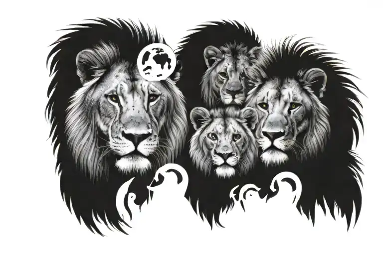 Can you make a picture with a male lion a female lion, two male cubs and two female cubs In a landscape of a Savannah. tattoo design idea