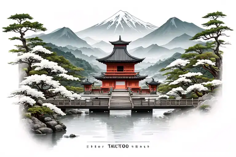 japanese temple, zen garden, mountain scene, bridge tattoo design idea
