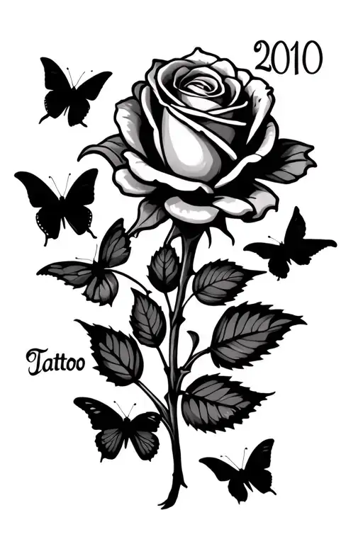 rose bud with butterflies around it with the date 2010 on wrist tattoo design idea
