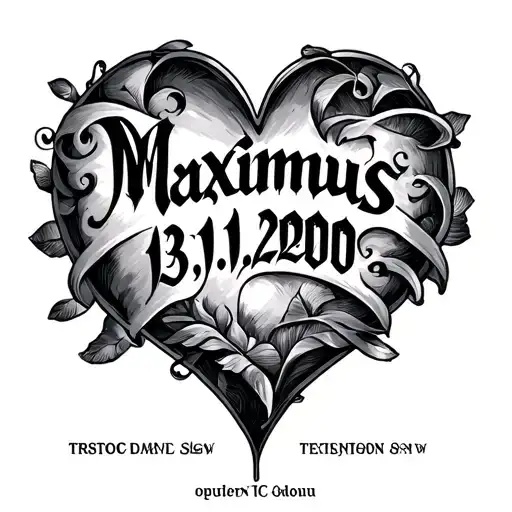 "Maximus 13.11.2000" Calligraphy writing in shape of heart  tattoo design idea