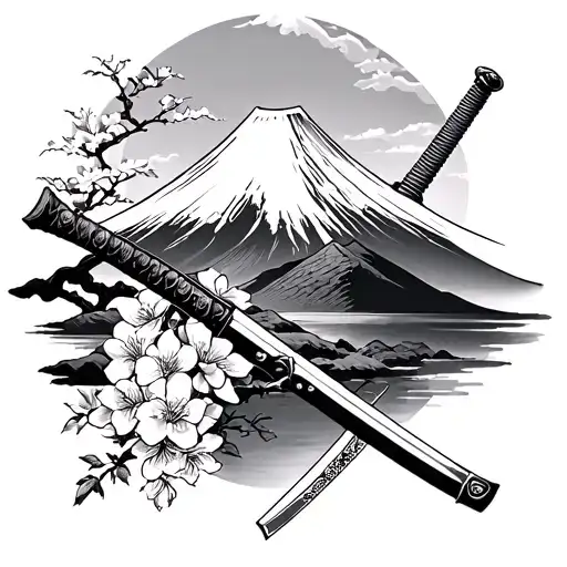 A detailed Japanese-style tattoo featuring Mount Fuji, a katana, and cherry blossoms, balanced composition with strong l tattoo design idea