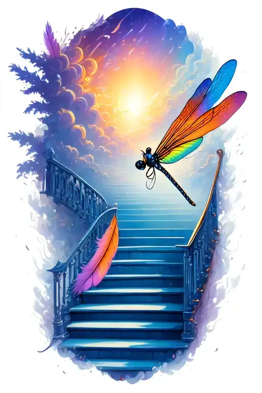 stairway to heaven with feather falling, dragonfly tattoo design idea