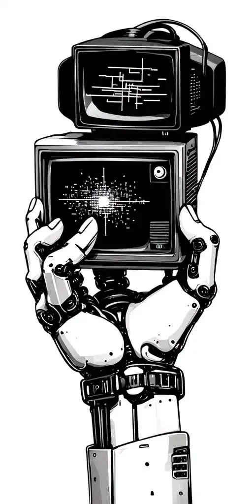 A robotic hand holding a vintage television set, with static on the screen and wires connecting to the fingers tattoo design idea