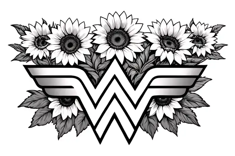 wonder woman logo and sunflowers tattoo design idea