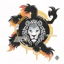 mandala, lion head, bjj black belt, warm colours tattoo design idea