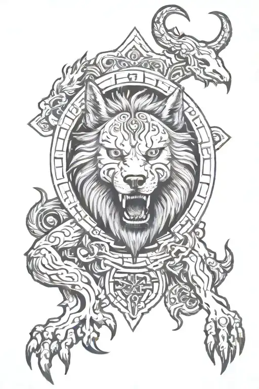 fenrir with gemini zodiac and runes tattoo design idea