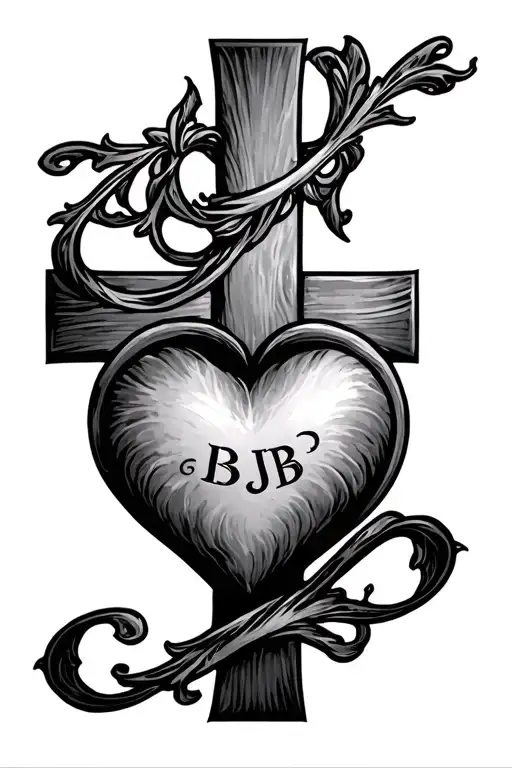 A Cross with words to remember my uncle with the letters/initials BJB with a cool looking heart tattoo design idea