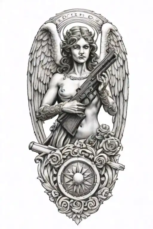 angel holding gun shooting tattoo design idea