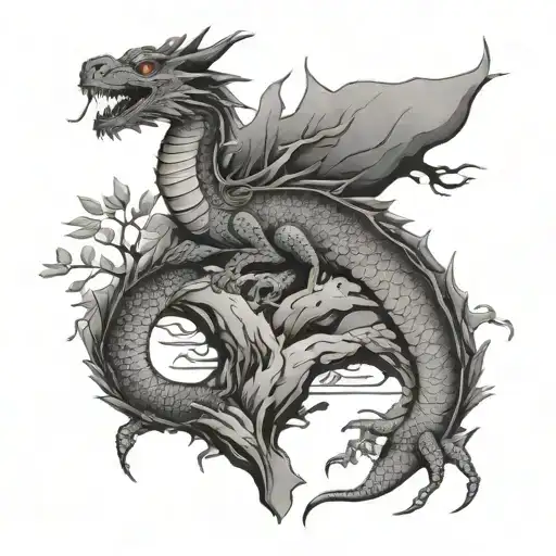 Japanese style trees and water dragon tattoo design idea