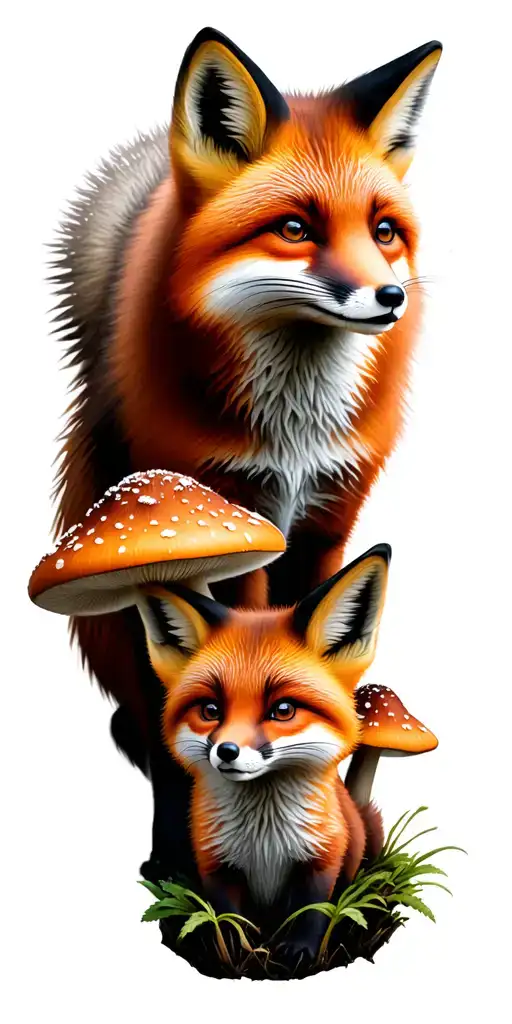 Mother fox and a baby fox with mushrooms tattoo design idea