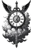cloud effect, warrior, clock, wings, religious sign, dagger tattoo design idea