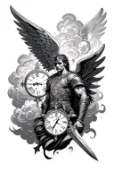 cloud effect, warrior, clock, wings, religious sign, dagger tattoo design idea