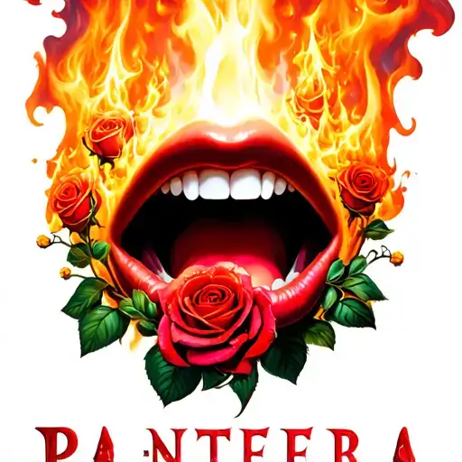 "PANTERA" "PANTERA" "PANTERA" An abstract design of a mouth breathing out fire with roses blooming from the flames tattoo design idea