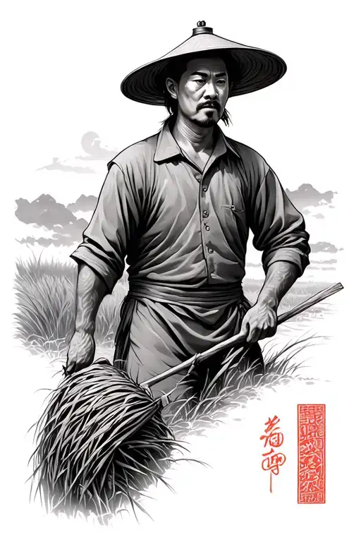 Chinese farmer in field tattoo design idea