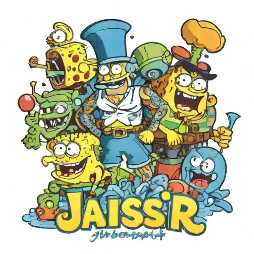 Jaisir name with Bluey and SpongeBob characters added tattoo design idea