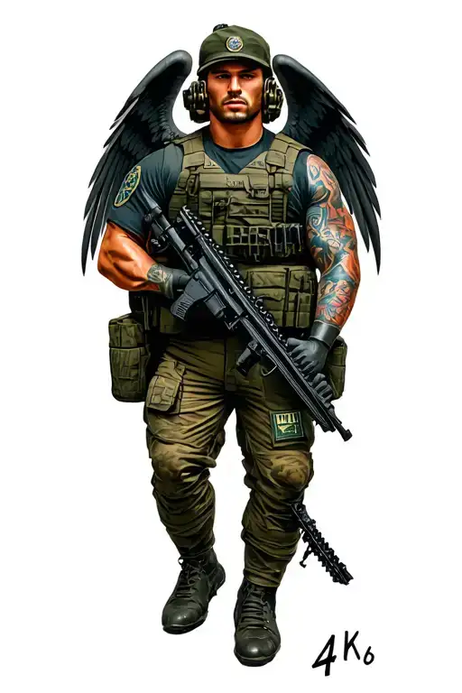 st Michael dressed like a navy seal with an h&k 416 tattoo design idea