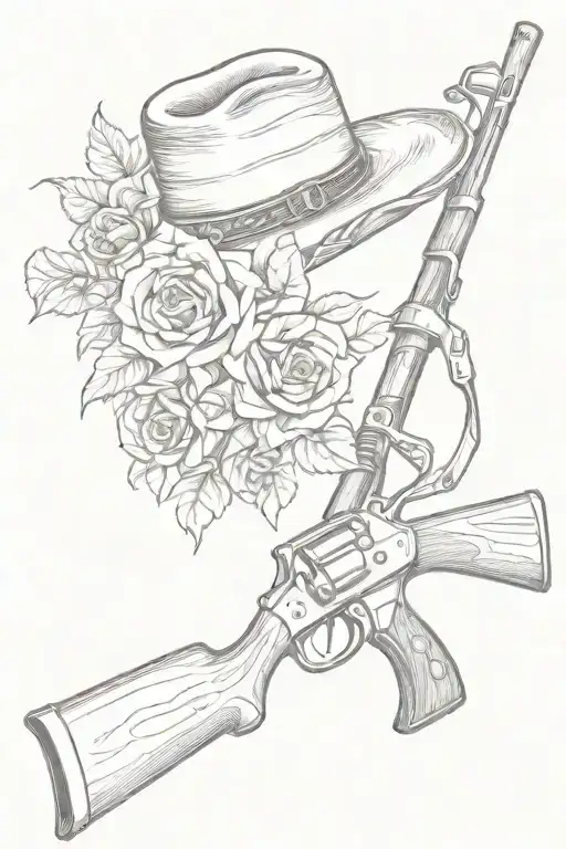 buck horns, a rose, cowboy hat,rifle,hammer,tape measure.mountians western rustic setting tattoo design idea