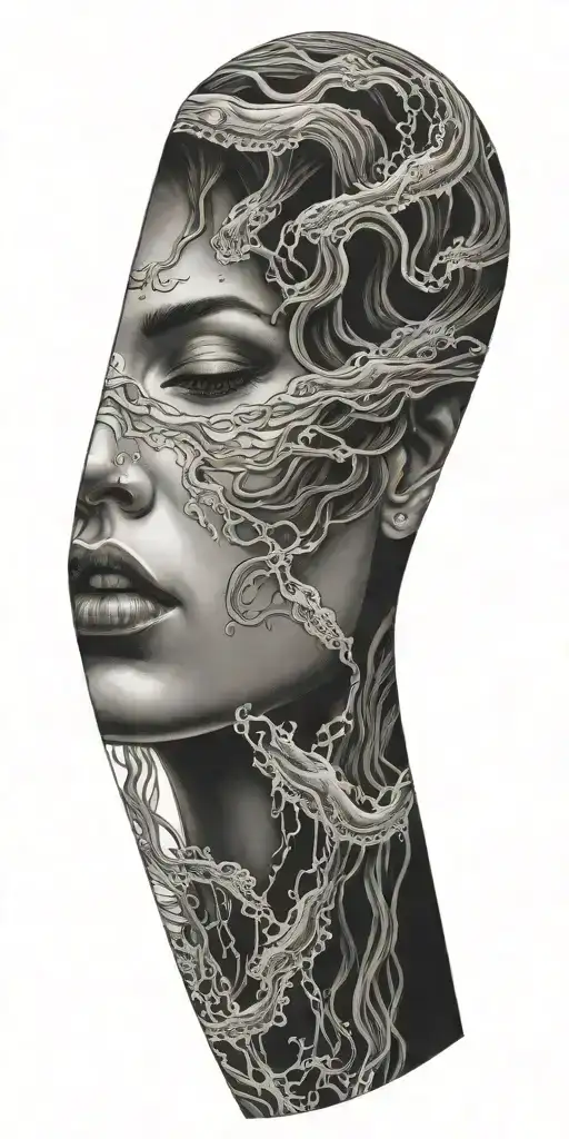 waves jellyfish morphing into woman's face tattoo design idea
