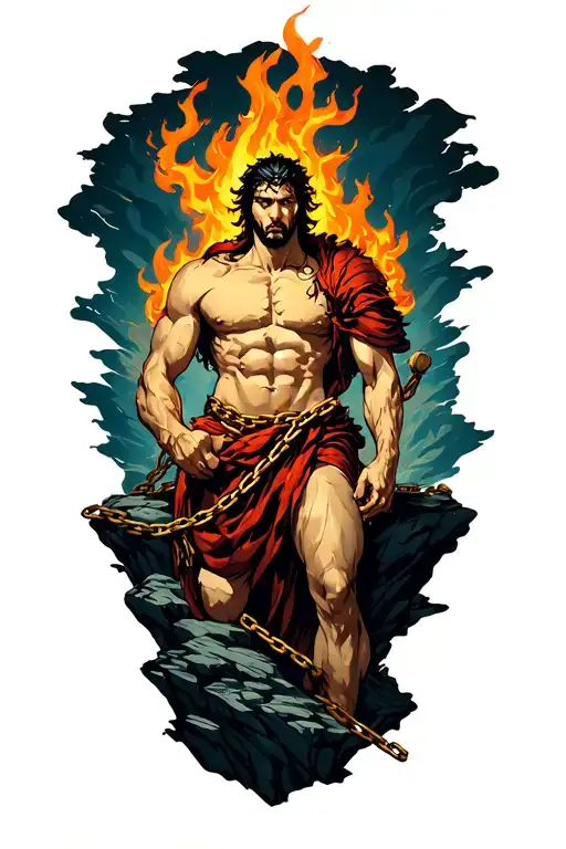 Prometheus chained to a jagged cliff, muscles tensed, defiant. His eyes glow with fire, symbolizing the gift he gave tattoo design idea